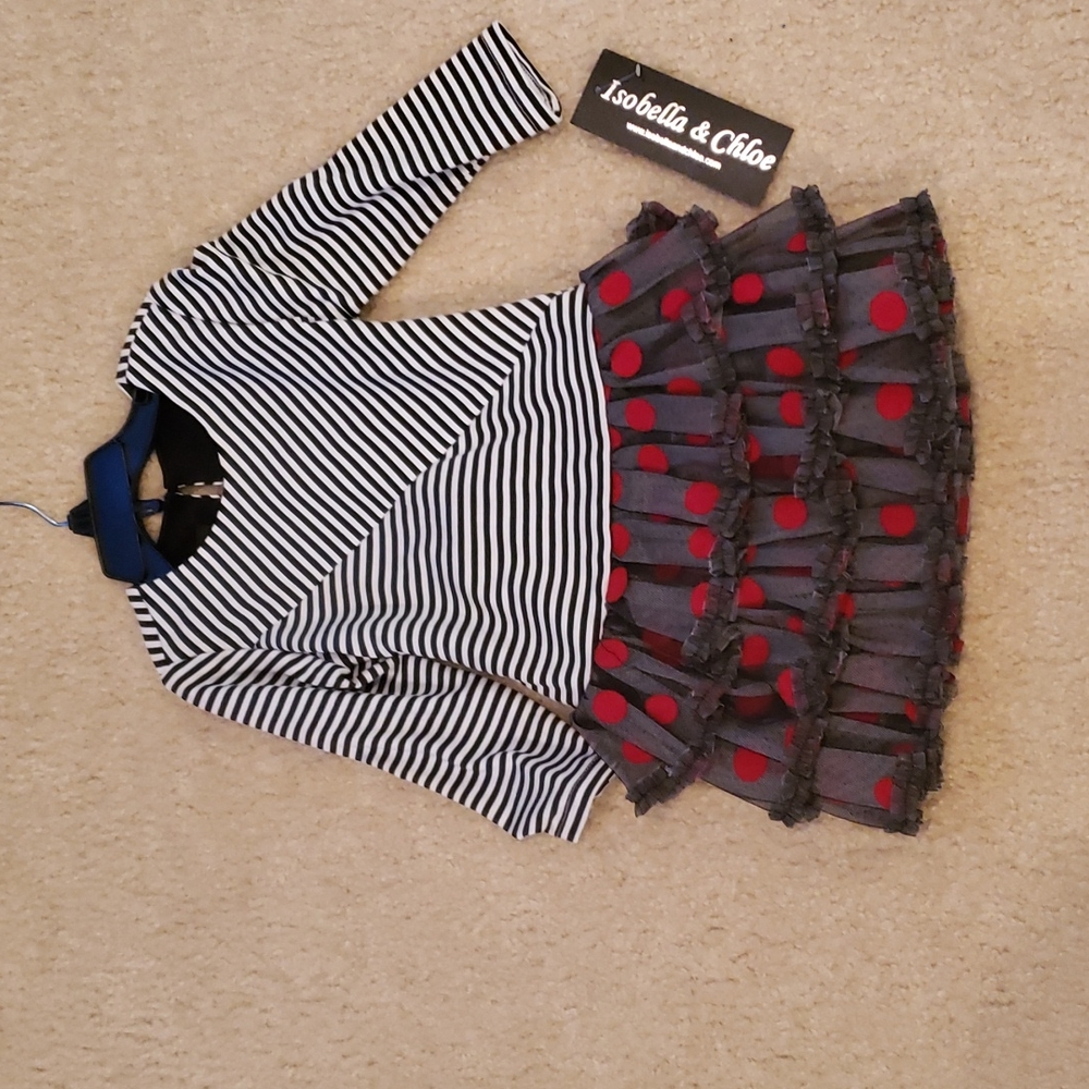 Isobella & Chloe black and white stripes dress with pka dot bottom